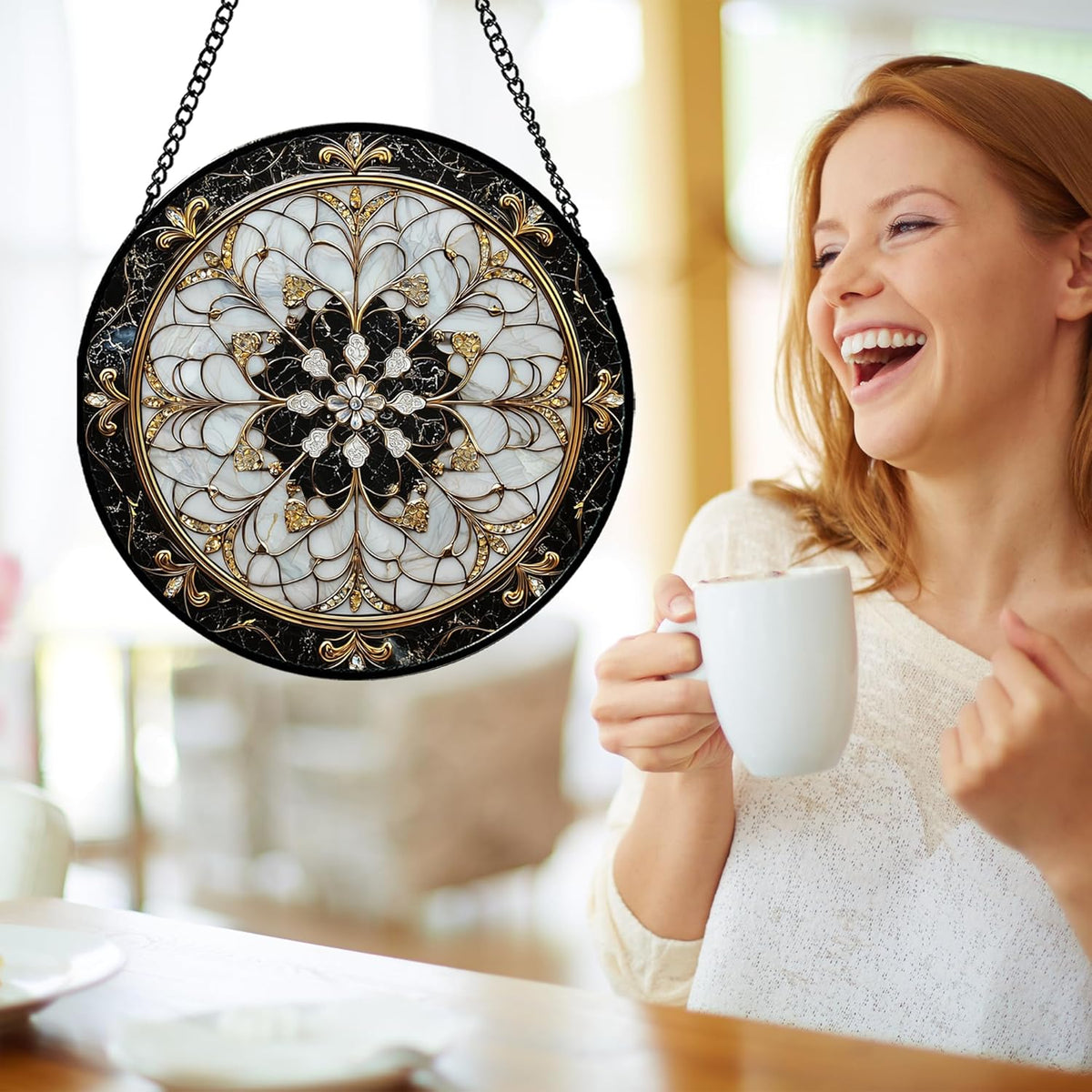 Stained Glass Window Hanging, Black and White Gold Boho Pattern Suncatcher for Doors Window Home