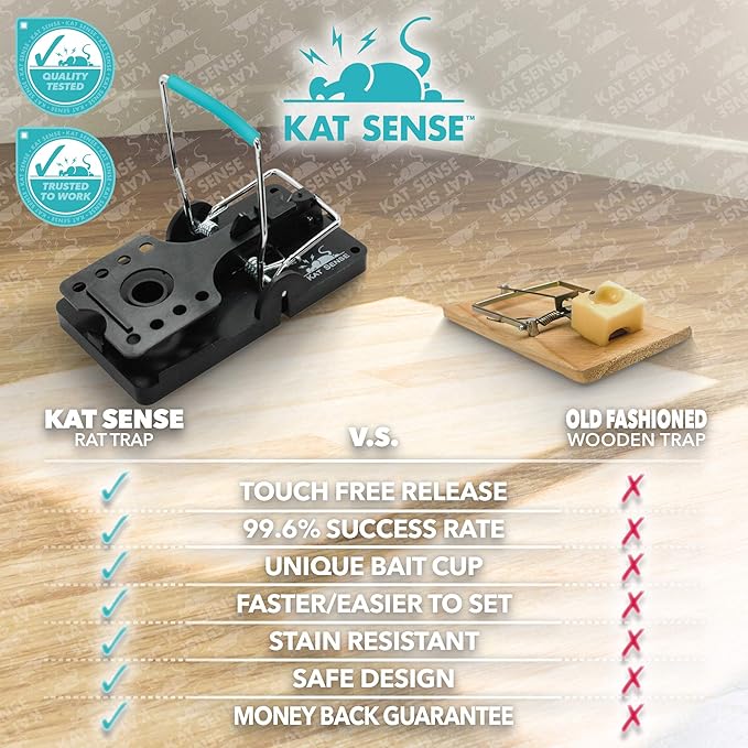 Kat Sense Large Rat Snap Traps Set of 6 - Stainless Steel Bar Design, Humane Rat Trap Indoor &
