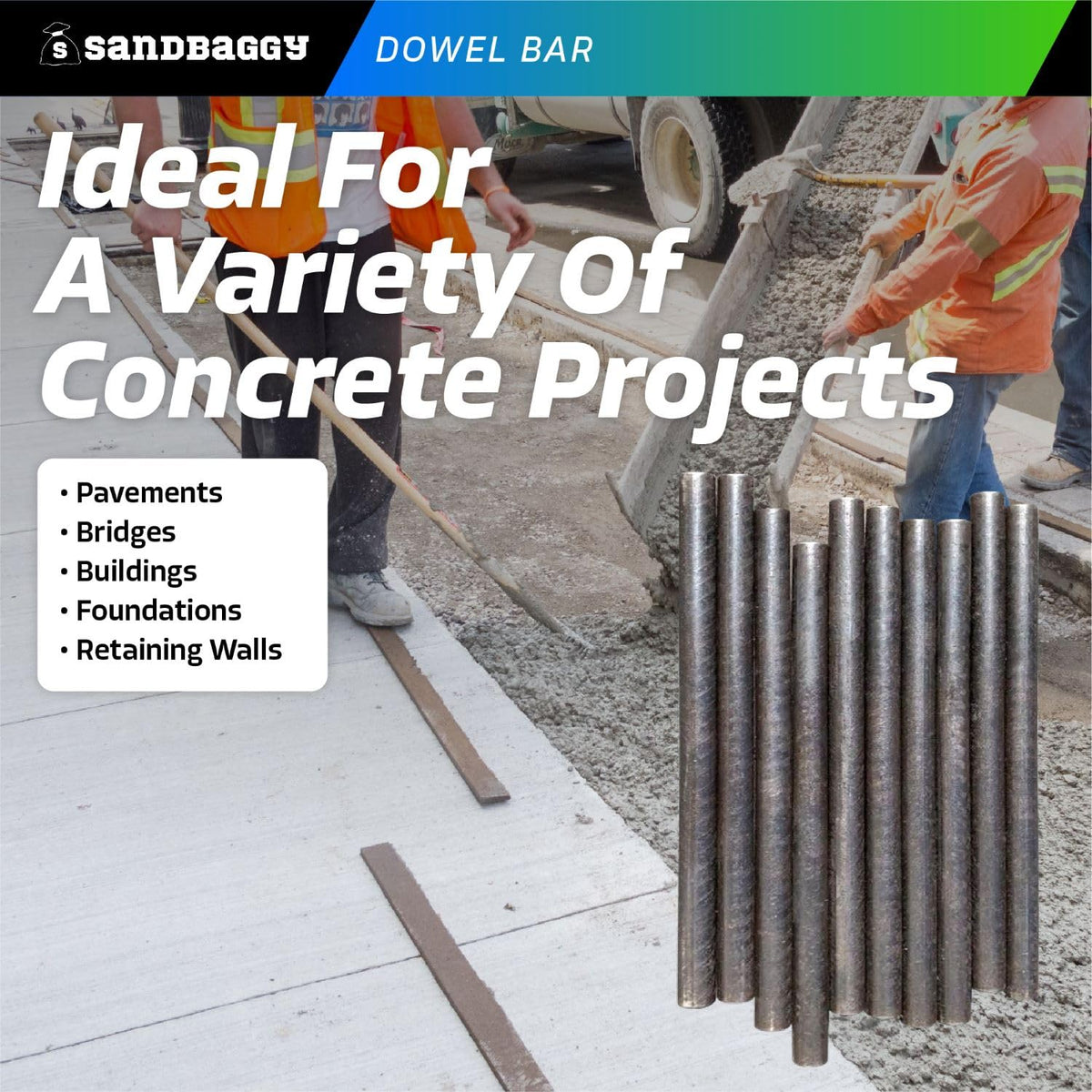 Sandbaggy Smooth Concrete Dowel Bar (3/4" W x 18" L) - Saw Cut Ends - Plain Grade 60 Steel
