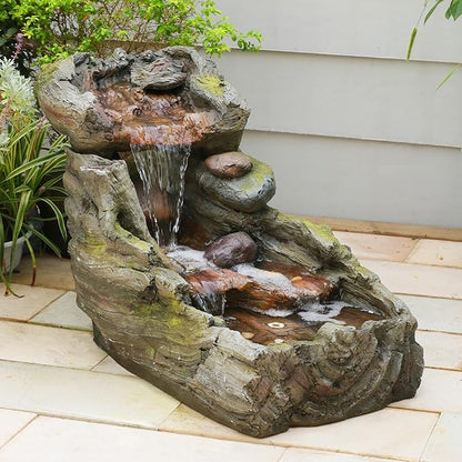 32.5" L Garden Outdoor Water Fountain, Floor Standing Cascading Realistic Tree Trunk Natural