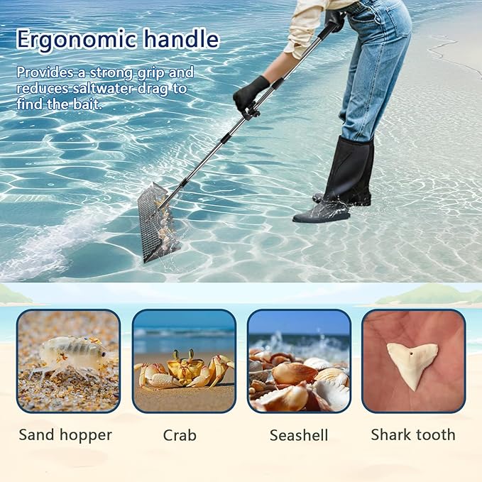 Sand Flea Rake Set, Sand Sifter for The Beach, Stainless Steel Shark Tooth Sifter, with 16" Width