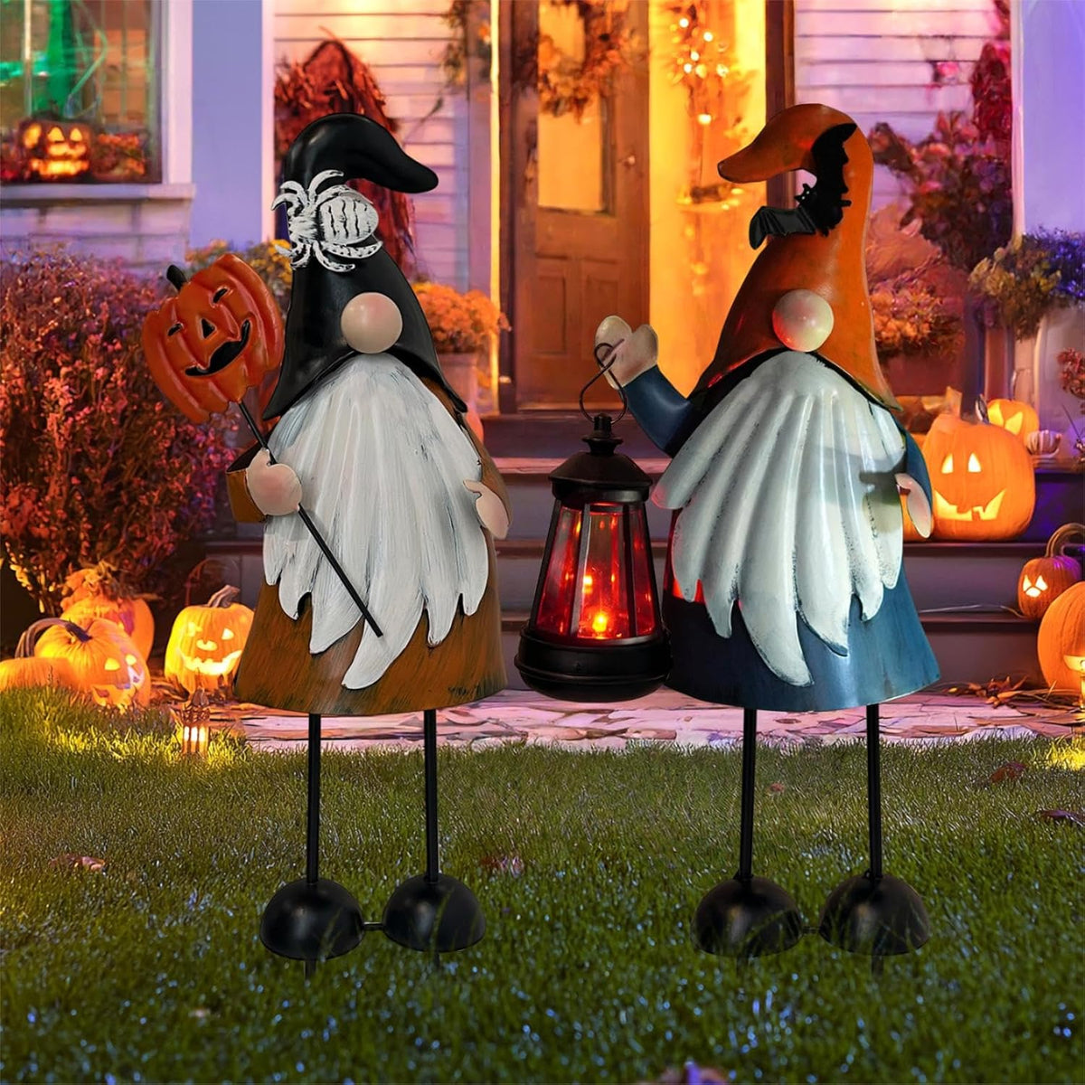 HONGLAND Halloween Decorations Outdoor Solar Gnomes with LED Lantern, Gnomes Metal Yard Art