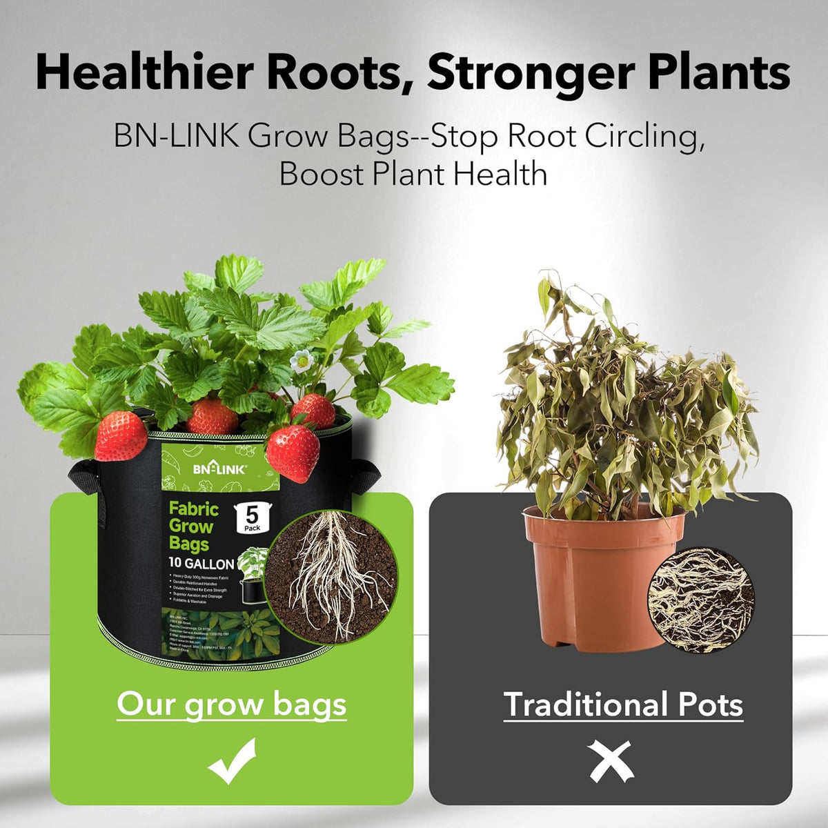 BN-LINK 5-Pack 10 Gallon Grow Bags, Heavy Duty Aeration Fabric Pots with Handles, Thickened
