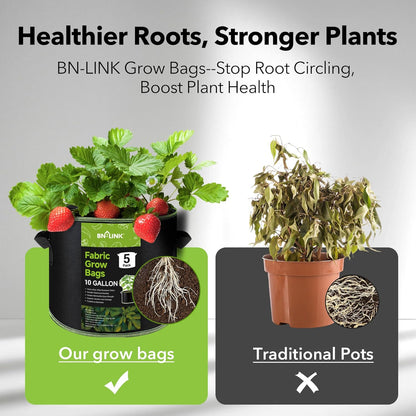 BN-LINK 5-Pack 10 Gallon Grow Bags, Heavy Duty Aeration Fabric Pots with Handles, Thickened