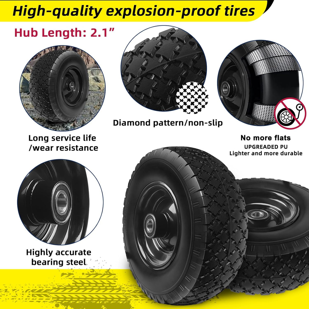 12'' Flat Free Tires Rubber Replacement Solid Tire, 2.1" Offset Hub Wheel Assemblies for Garden