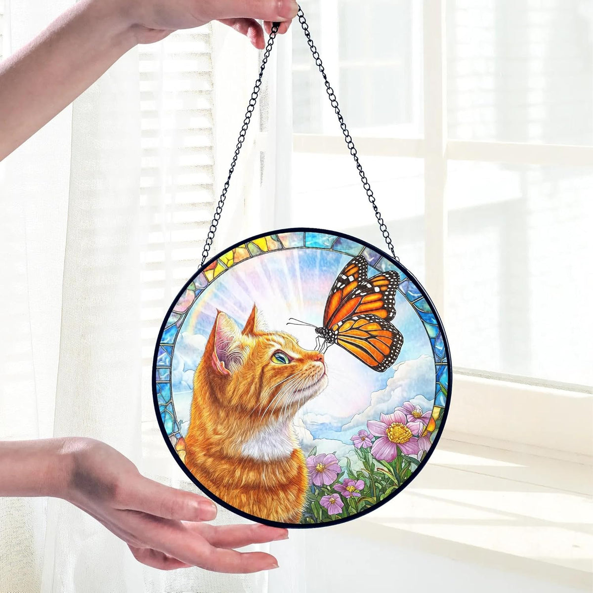 Orange Cat Gifts, Cat Memorial Suncatcher Gift for Loss of Cats, Butterfly Stained Glass Suncatcher