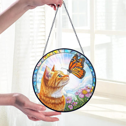 Orange Cat Gifts, Cat Memorial Suncatcher Gift for Loss of Cats, Butterfly Stained Glass Suncatcher