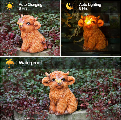 Highland Cow Solar Powered Outdoor Garden Statue, Resin Highland Cow Statue with Solar Light