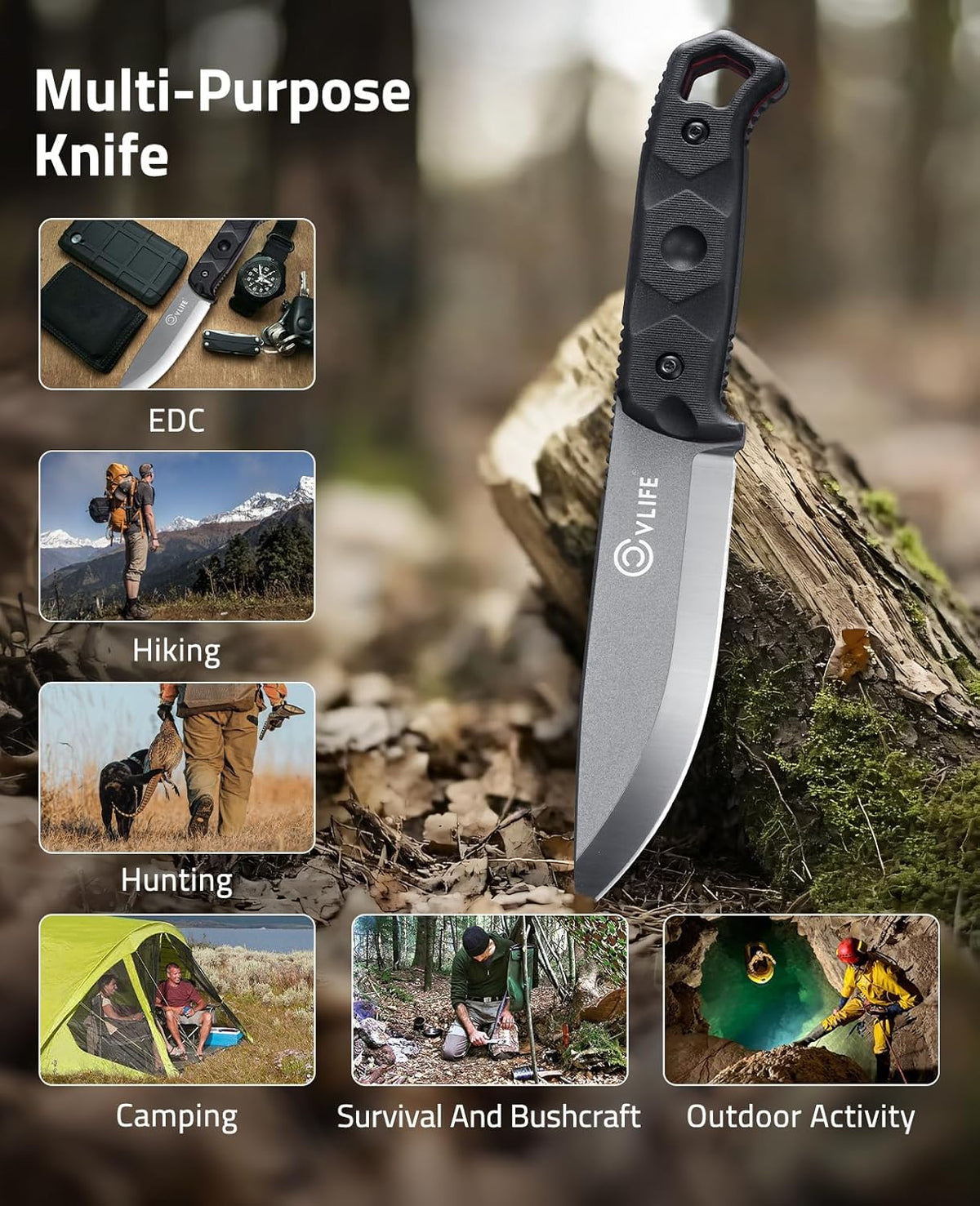 CVLIFE Full Tang Fixed Blade Knife with Sheath,Sharp Blade Made of D2 Steel with Nylon Fiberglass