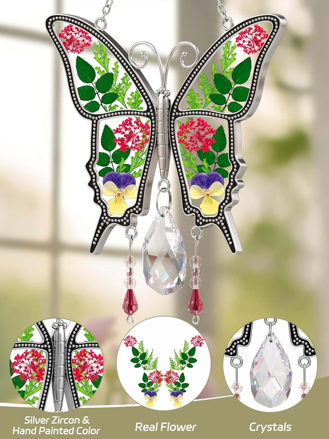 KY&BOSAM Butterfly Suncatcher for Windows Stained Glass Crystal Wind Chimes with Metal Charms