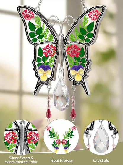 KY&BOSAM Butterfly Suncatcher for Windows Stained Glass Crystal Wind Chimes with Metal Charms