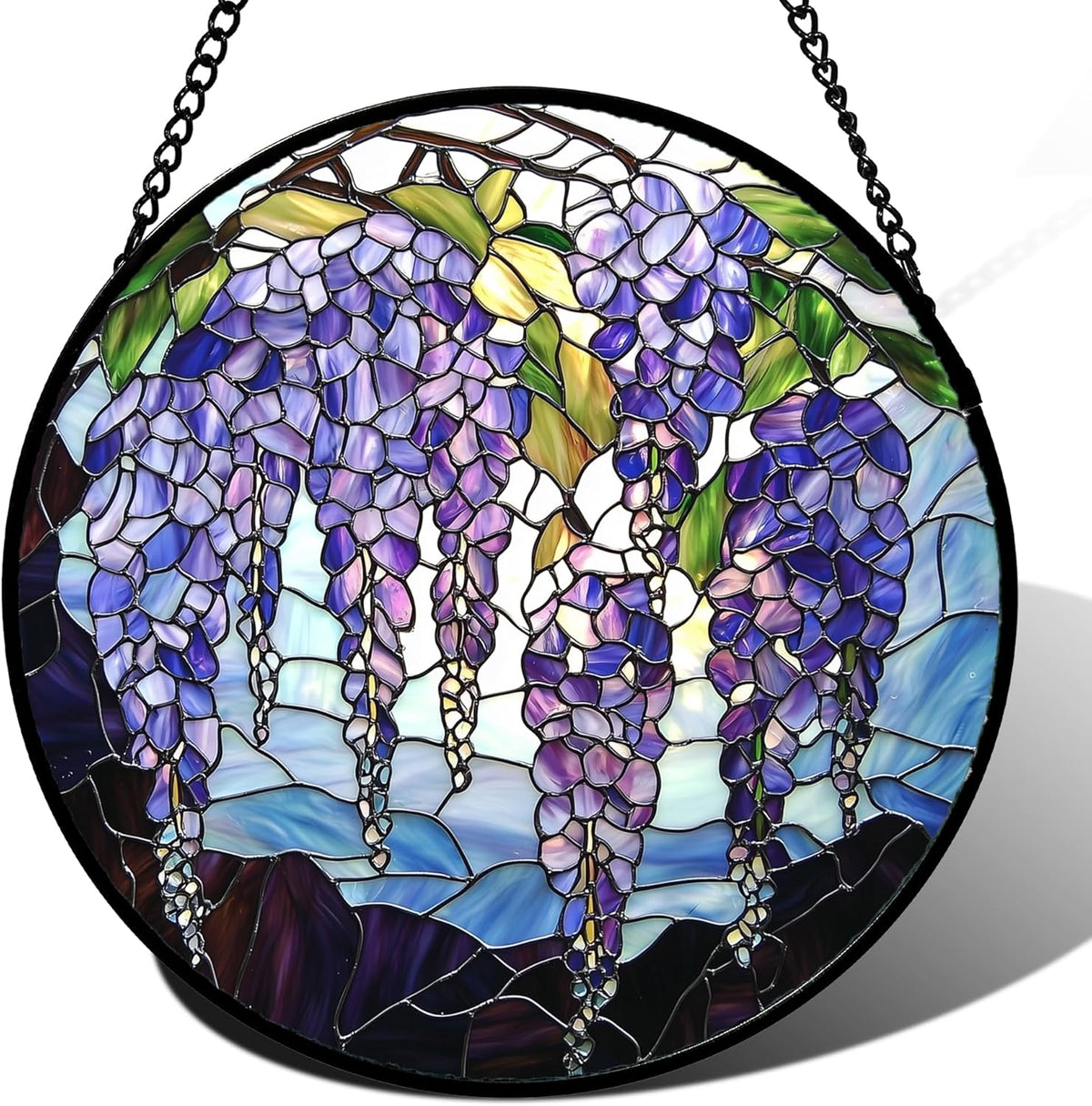 Stained Glass Window Hanging, Purple Wisteria Flowers Suncatcher for Doors Window Home Plant Sun