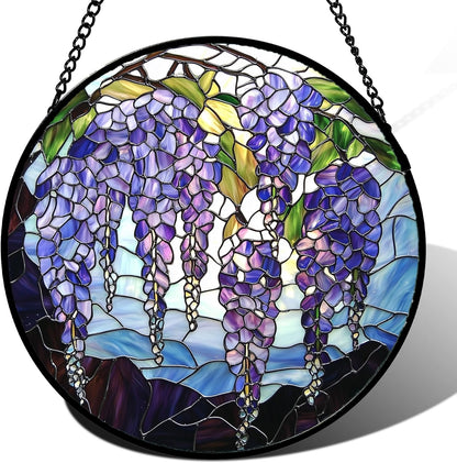Stained Glass Window Hanging, Purple Wisteria Flowers Suncatcher for Doors Window Home Plant Sun