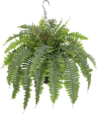 Artificial Fern Hanging Basket Plant 25" Boston Ferns 31 Leaves Greenery Plants with Rattan Pot for