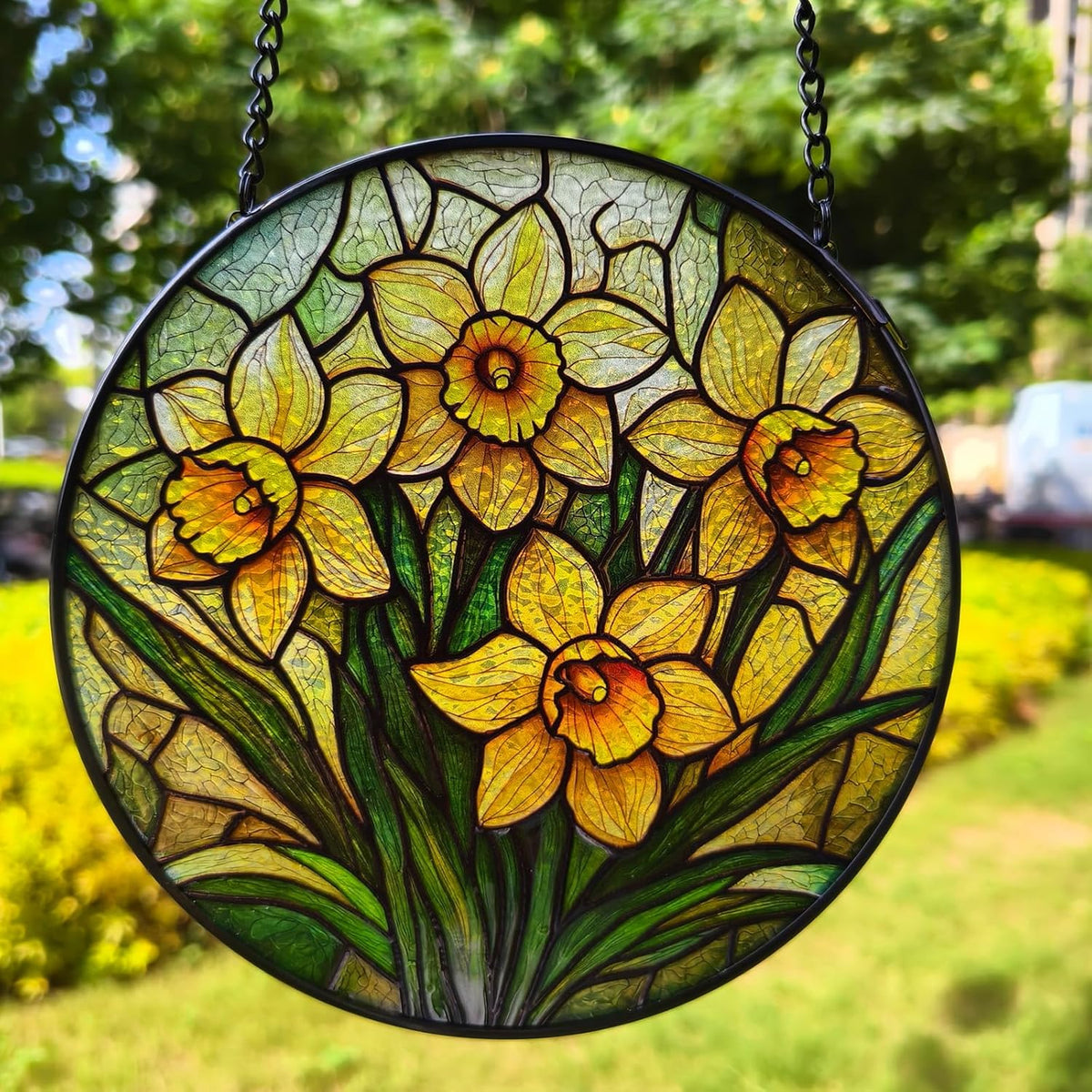 Stained Glass Window Hanging, Daffodil Flower Diamond Glass Panel Suncatcher Plant Sun Catchers for