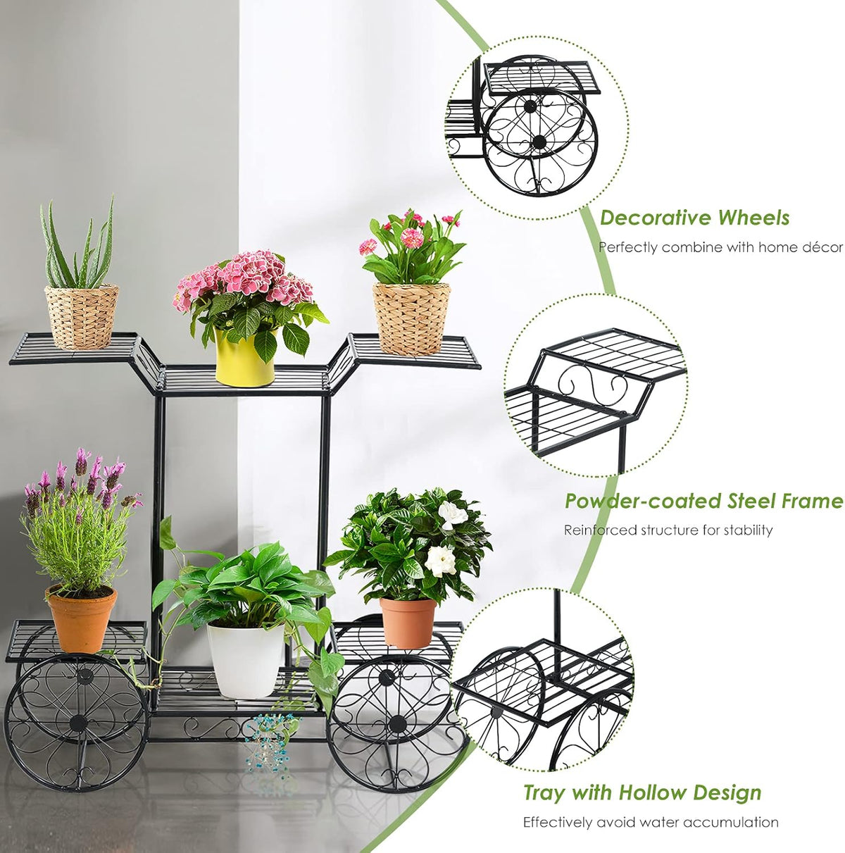 Safstar 6 Tiered Metal Plant Stand w/4 Decorative Wheels, Multilayer Flower Display Shelf for Home