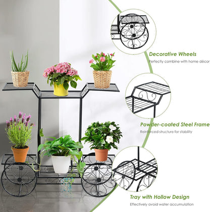 Safstar 6 Tiered Metal Plant Stand w/4 Decorative Wheels, Multilayer Flower Display Shelf for Home