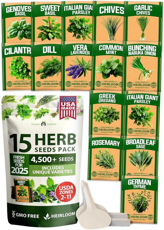 HOME GROWN 15 Herb Seeds for Planting 4,500+ Non-GMO Heirloom Seeds | Extra Large Variety Pack Herb