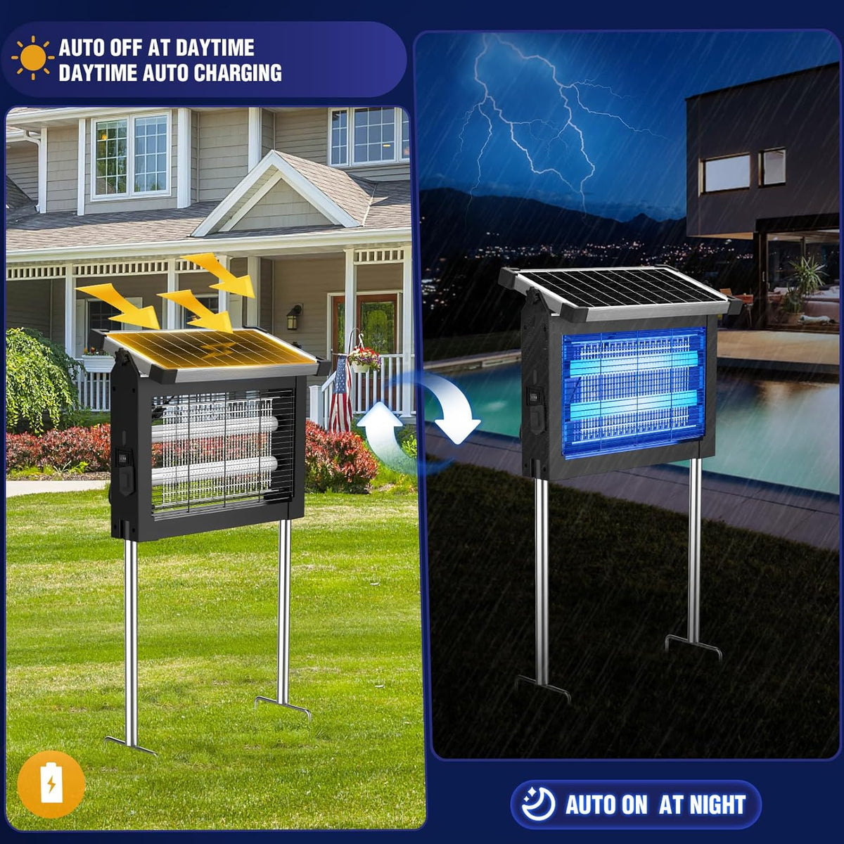 Solar Bug Zapper Outdoor, 4500V Mosquito Zapper Waterproof with Panel Sensor Electric Fly Zapper