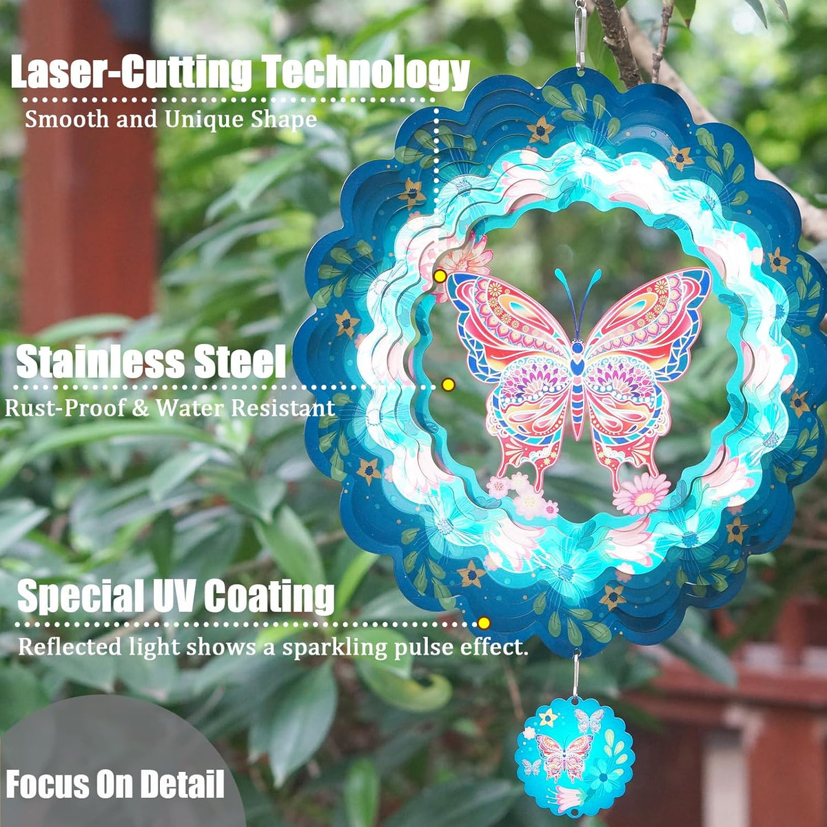 Butterfly Wind Spinners for Yard and Garden,12 Inch 3D Stainless Steel Hanging Kinetic Yard Art