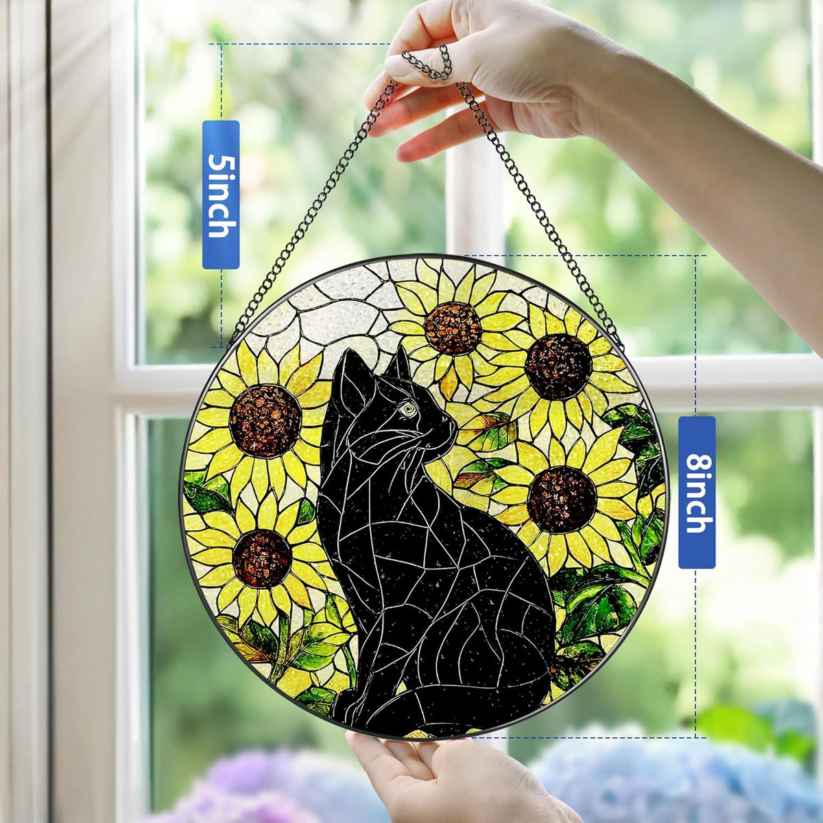 Stained Glass Window Hanging, Pauyadu 8 Inch Sunflower Black Cat Stained Glass Suncatcher, Cats