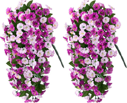 HyeFlora Artificial Fake Hanging Flowers Plants for Outdoor Outside, 2PCS Faux Silk Morning Glory