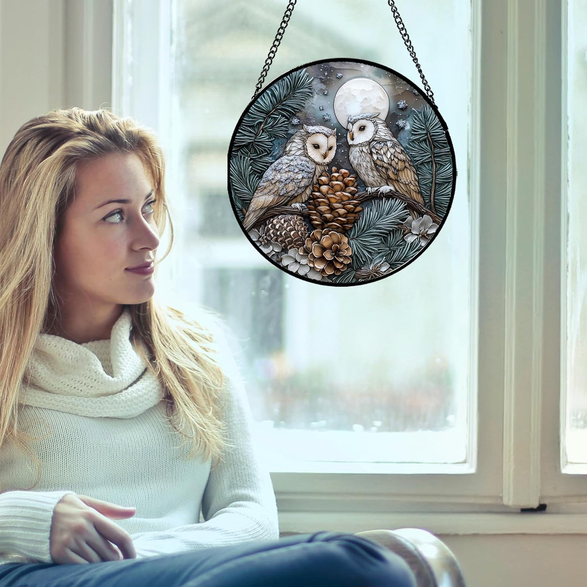Stained Glass Window Hanging - Owl On A Tree Suncatcher for Doors Garden Patio Winter Scene Sun
