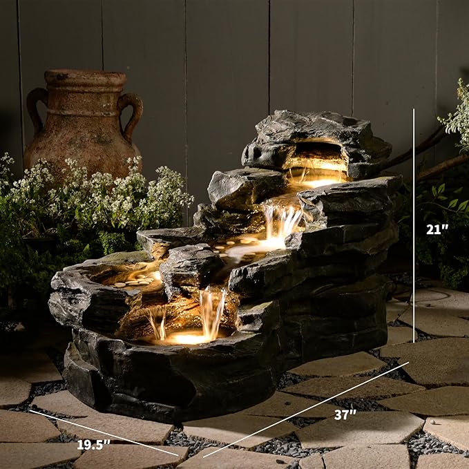 37" L Garden Outdoor Water Fountain, Floor Standing 5-Tiers Rock Natural Waterfall Outdoor