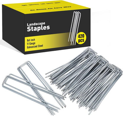 HongWay 420pcs 6 Inch Landscape Staples Galvanized Garden Stakes, 11 Gauge U-Shaped Sod Pins Yard