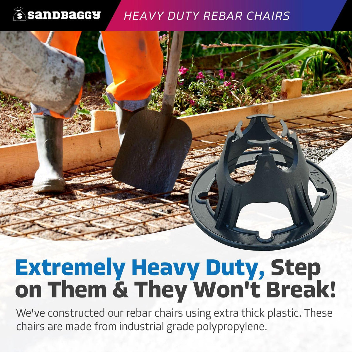 Sandbaggy Plastic Rebar Support Chairs - Elevates #3 to #5 Rebar 1" or 1-1/4" - Concrete Chair and