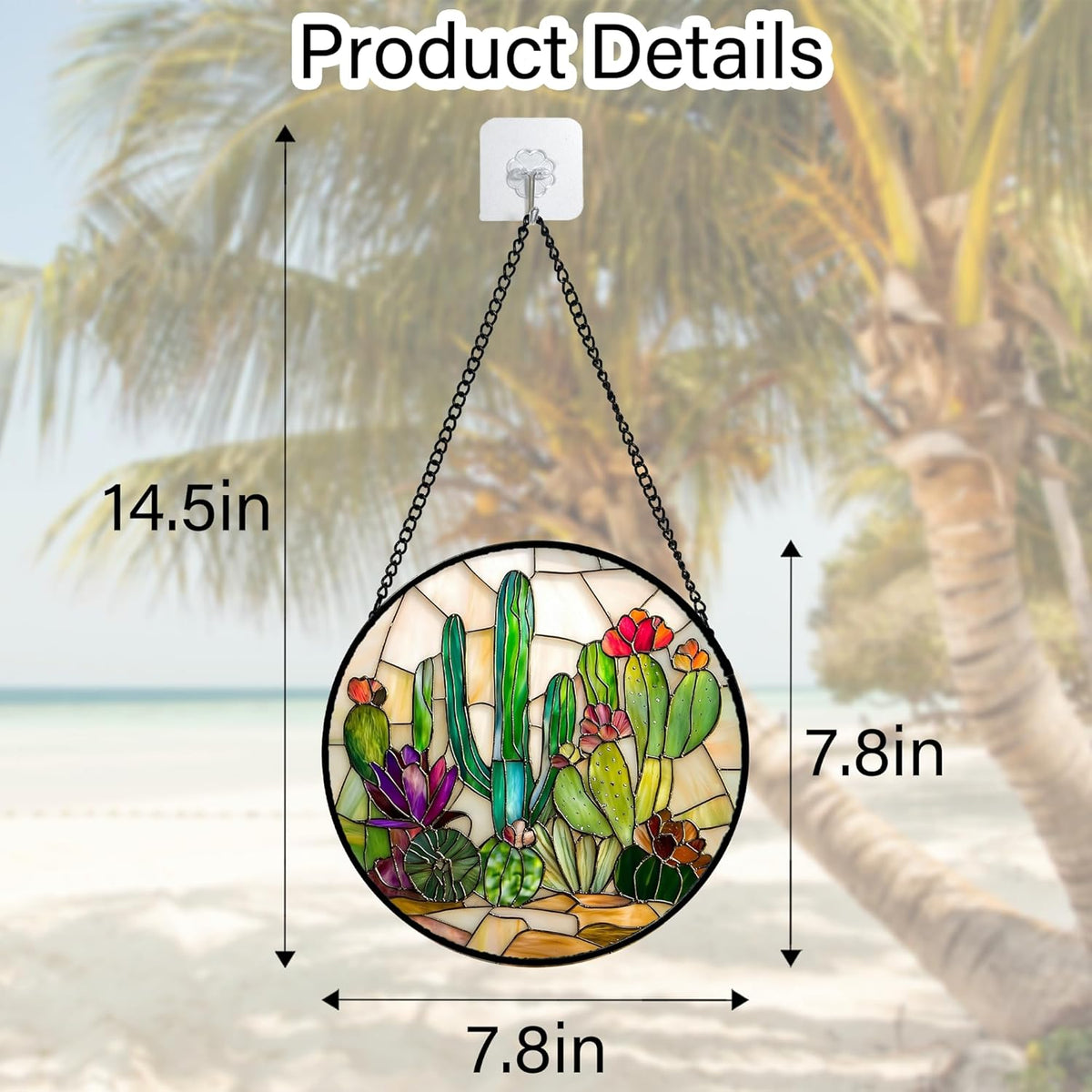 Stained Glass Window Hanging, White Green Cactus Suncatcher Diamond Glass Panel Hangings Sun