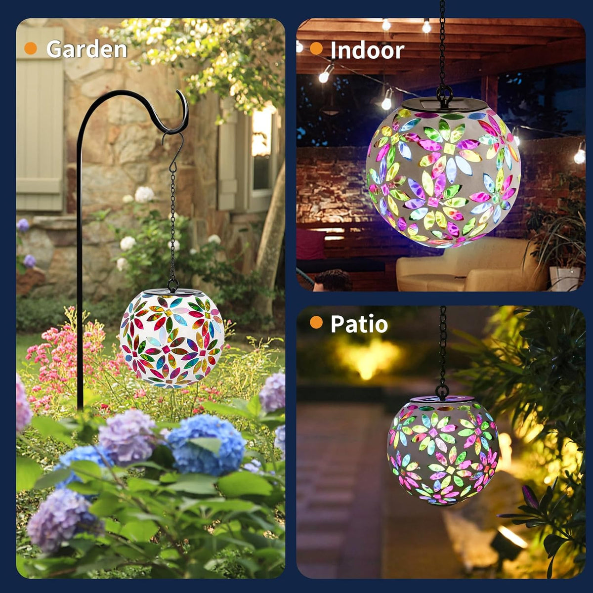 VCUTEKA Hanging Solar Lanterns Mosaic Solar Lights with Hook Up, Outdoor Garden Lights Decor for