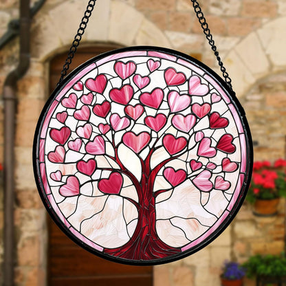 Stained Glass Window Hanging, Pink Love Heart Tree Suncatcher Hangings Beige Sun Catchers Decor for