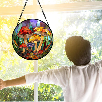 Stained Glass Window Hanging, Jungle Mushrooms Sun Catchers Diamond Glass Panel Hangings Plant