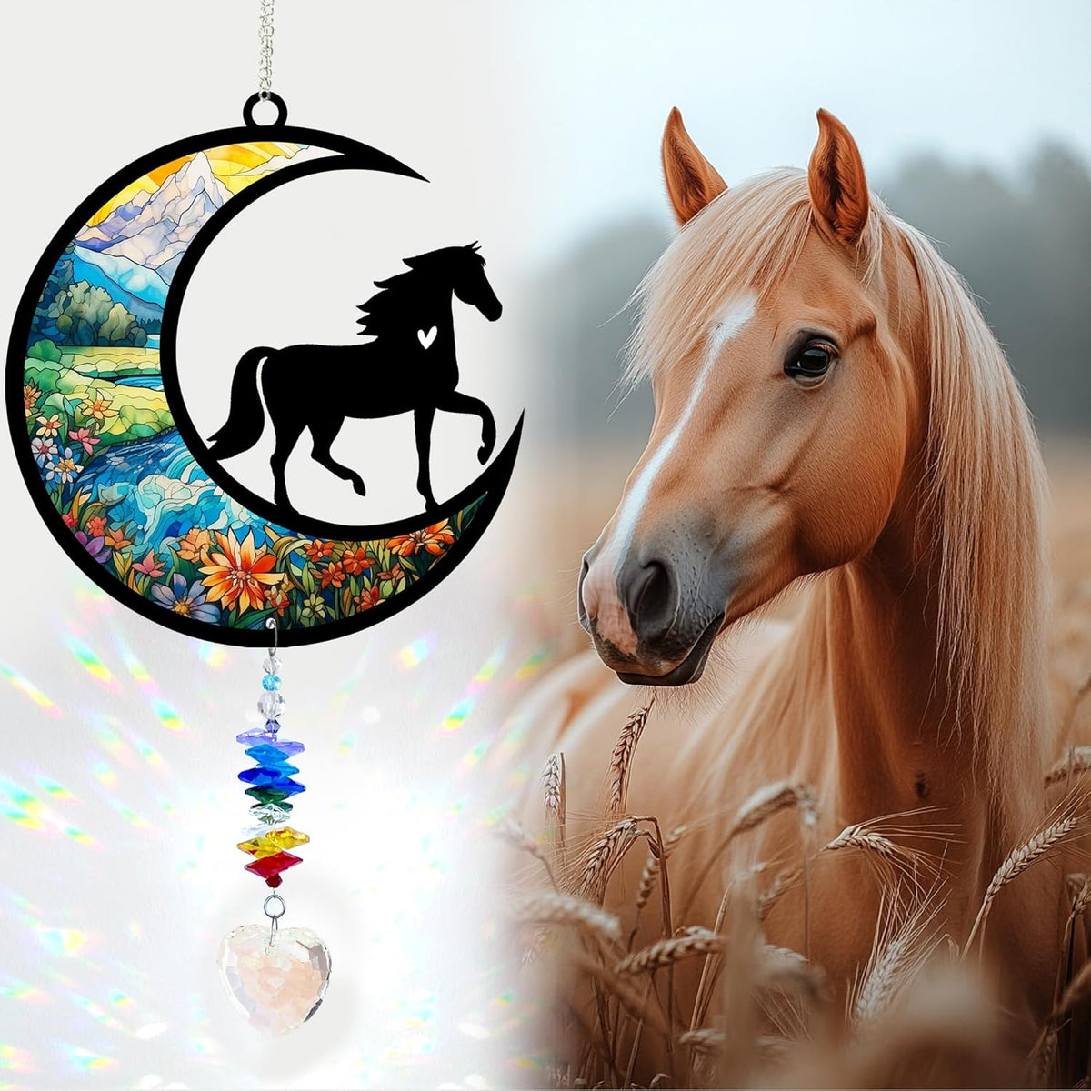 Horse Suncatcher, Personalized Pet Loss Gift with Name & Date, Heart-Shaped Crystal Sun Catcher