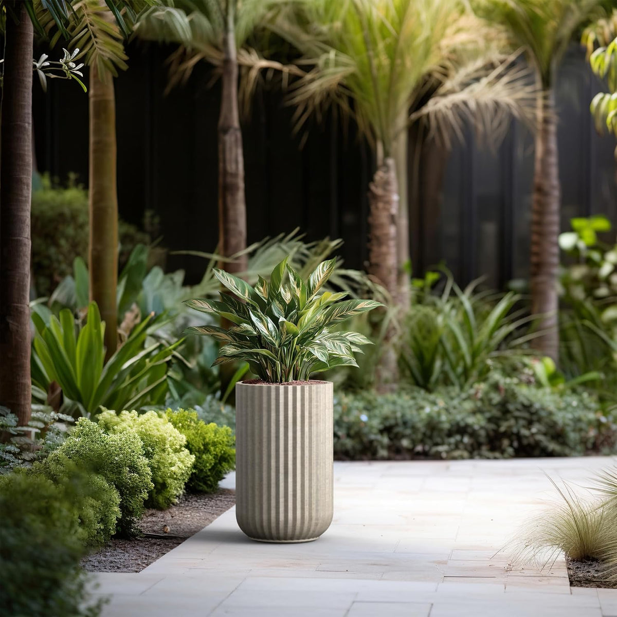 Kante Tall Fulted Planter, 17.7 Inch Tall Round Concrete Plant Pots with Drainage Hole and Rubber