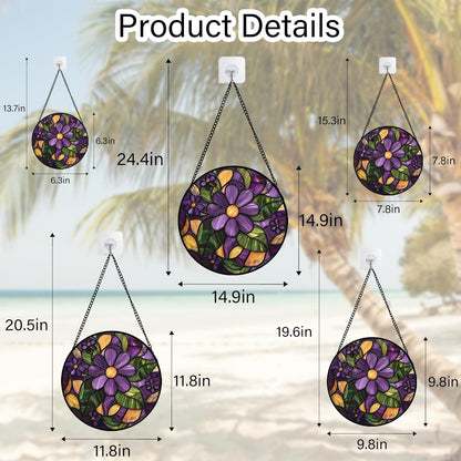 Stained Glass Window Hanging, Purple Green Flowers Sun Catcher for Door Home Decor Plants