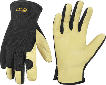 HANDLANDY Men Leather Gardening Gloves, Utility Work Gloves for Mechanics, Construction, Driver