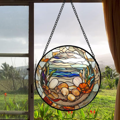 Stained Glass Window Hanging Conch Shells Ocean Seaweed Large 15" - Suncatcher Door Garden Sunroom
