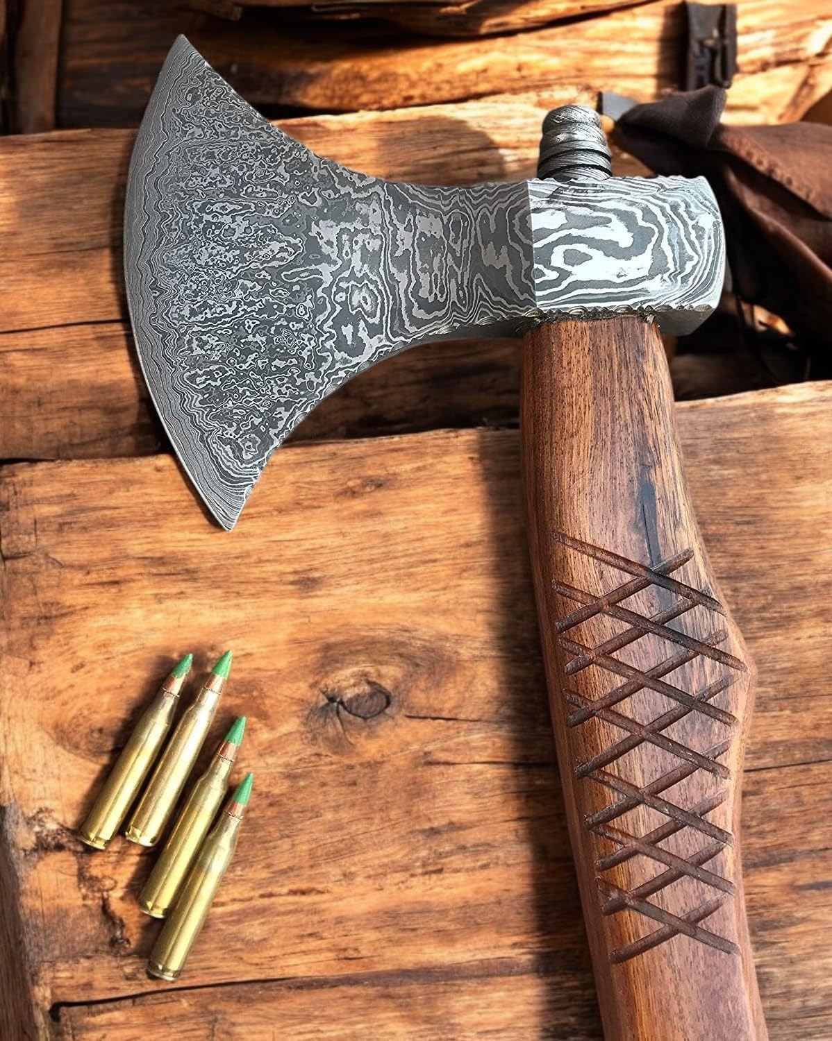 AX-7000 Custom Gift Forged Damascus Steel Vintage Axe with Rose Wood Shaft, Viking Bearded Camping
