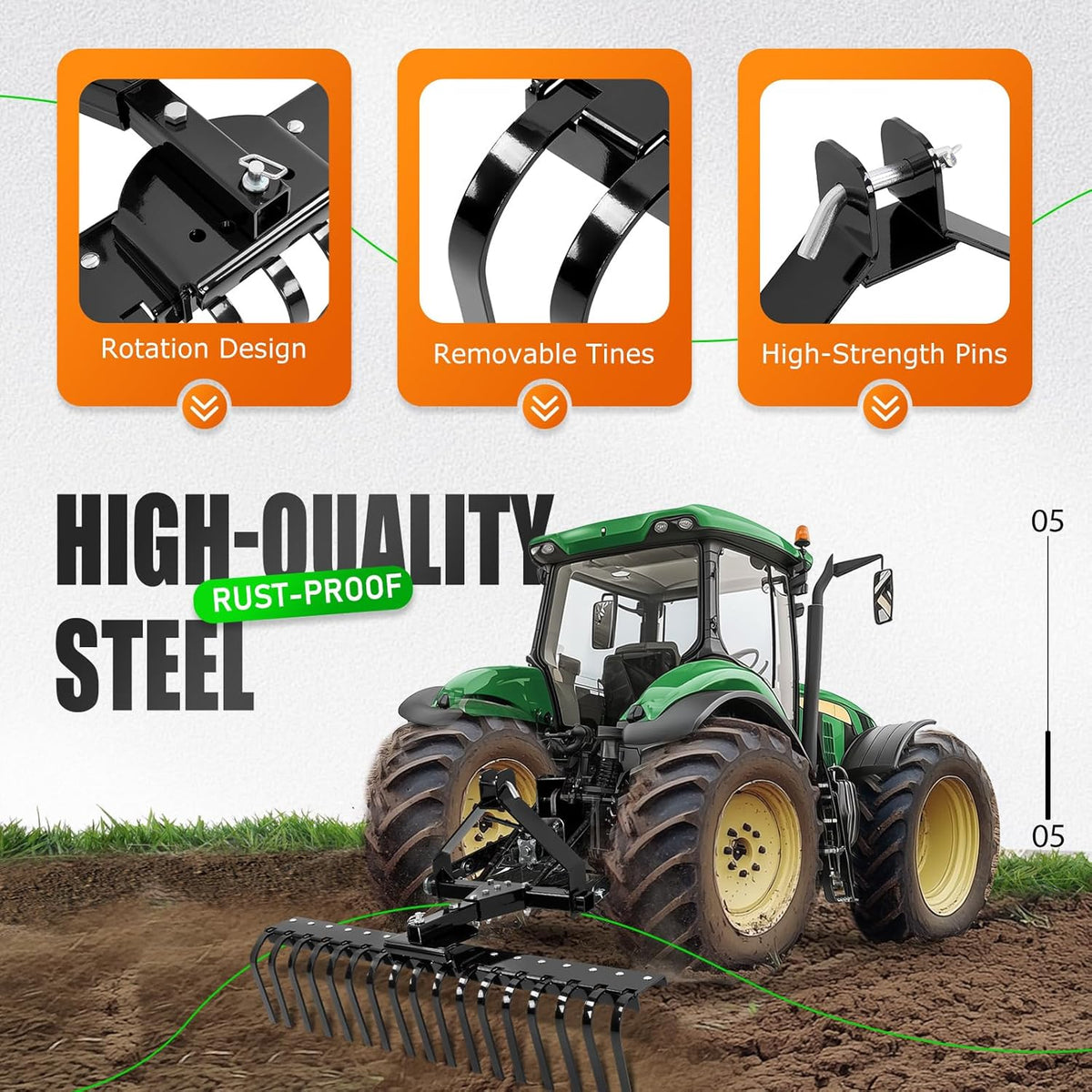 KUAFU 50" 3 Point Landscape Rake for Category-0 Cat-0 Tractor with 360 Degree Rotation, Replaceable