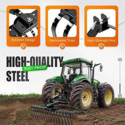 KUAFU 50" 3 Point Landscape Rake for Category-0 Cat-0 Tractor with 360 Degree Rotation, Replaceable