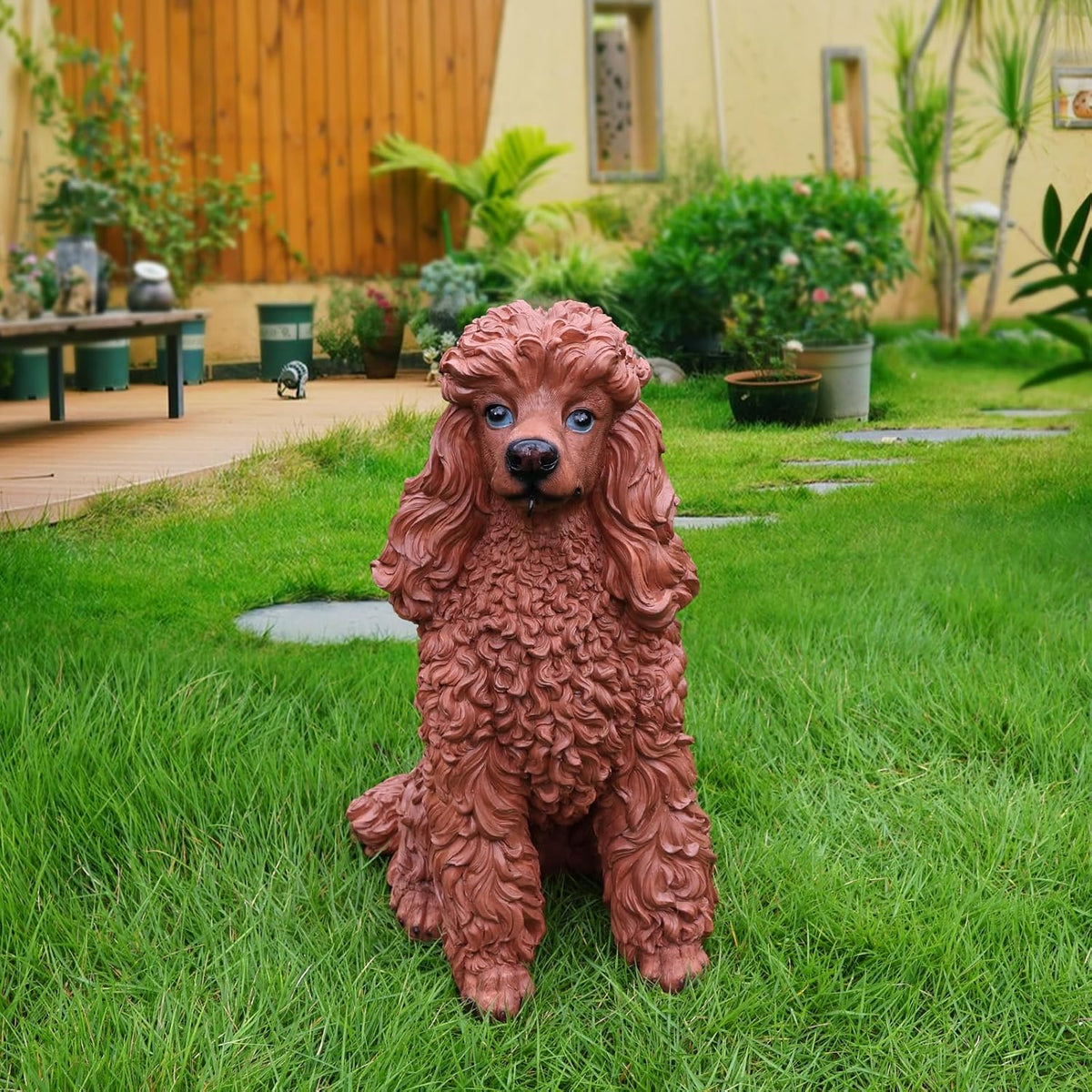Poodle Outdoor Garden Statue with Double-Sided “Welcome/ON Patrol” Hanging Sign and Solar Lantern