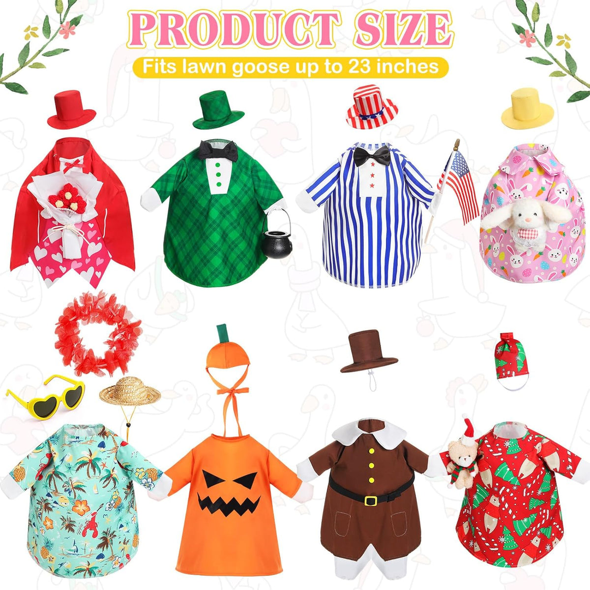 8 Set Seasonal Holiday Goose Outfits Fall Halloween Christmas Summer All Seasons Lawn Porch Goose