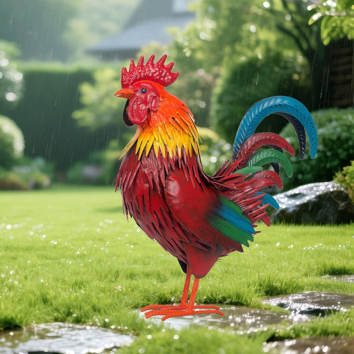 Rooster Garden Statue Sculpture Metal Chicken Yard Decor Outdoor Figurines Patio Backyard