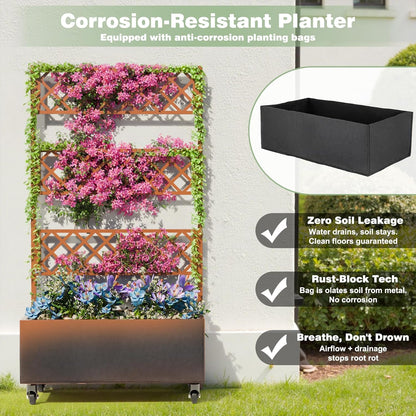Kinchox Metal Raised Garden Bed with Trellis Outdoor Metal Planter Box with Planting Pockets Garden