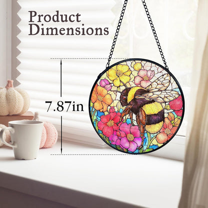 kdqua Bee Floral Suncatcher Stained Glass Window Hanging, Colorful Floral Bumblebee Sun Catchers