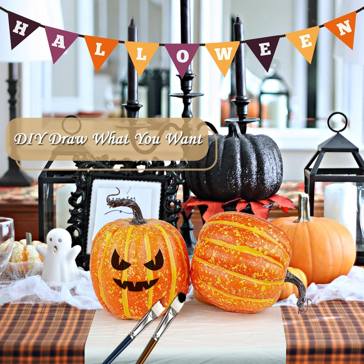 Artmag 6 Inch Large Artificial Pumpkins, 4PCS Big Orange Drawing Line Faux Foam Harvest Pumpkins