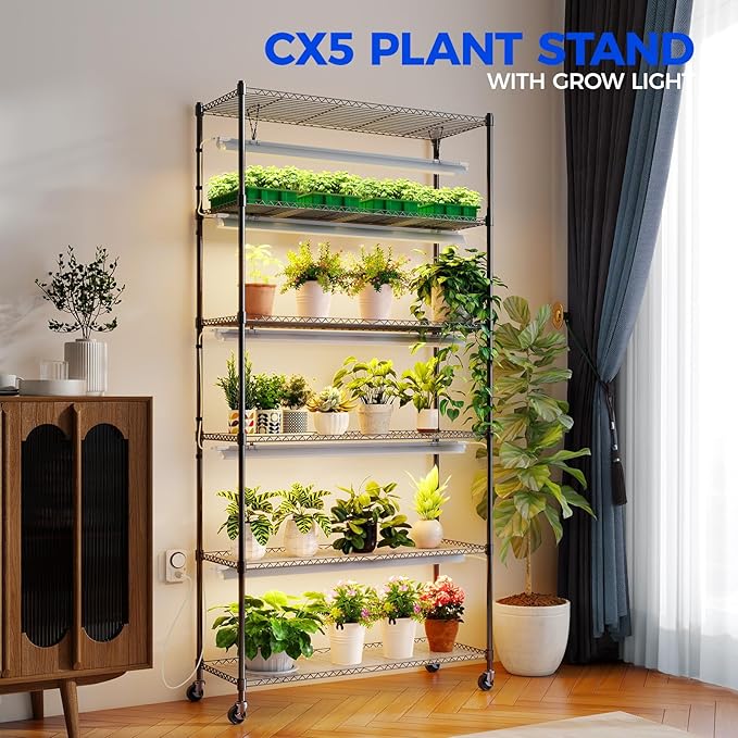 Barrina CX6 Plant Stand with Grow Lights, 3FT T8 30W(Per Light) Full Spectrum Yellow LED Plant