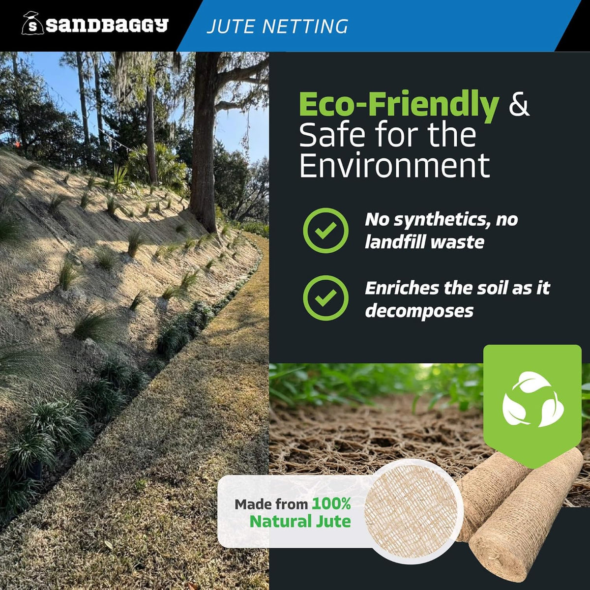Sandbaggy Jute Netting Roll, 4 ft x 225ft - Biodegradable Erosion Control Blanket for Slopes, Hills